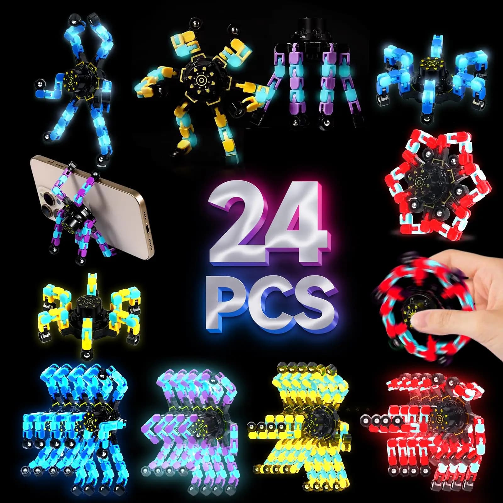 Giocattolo Sensoriale Luminoso Divertente, Robot Trasformabile a Catena, Giocattolo da Dito Fai-da-Te, Spinner Meccanico Antistress, Regalo per Autistici