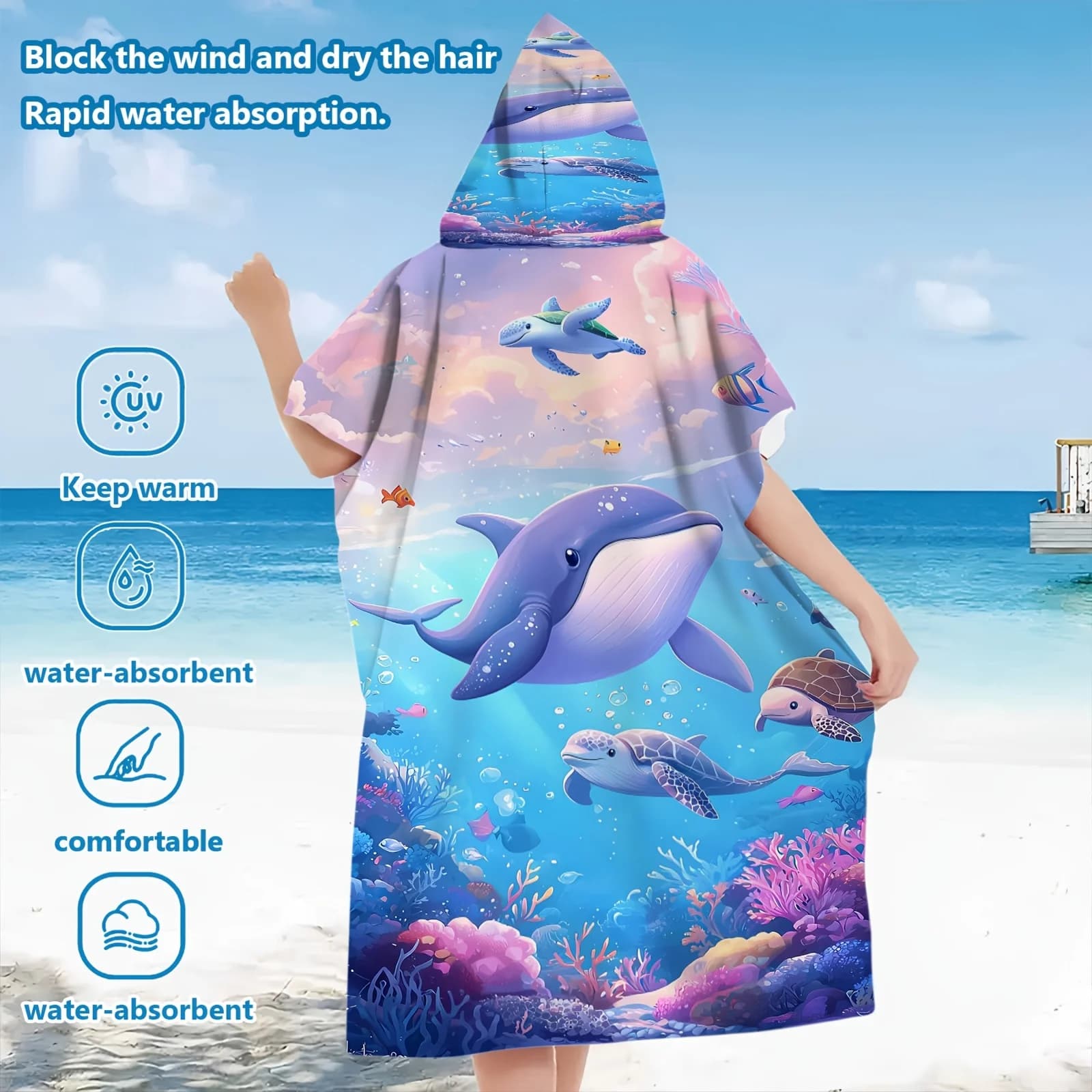 Kids 2026 Animal Theme Hood Poncho, Rapid Drying, Balena Tartaruga Marina Bathrobe, Beach and Pool Copricostume for Kids and Girls