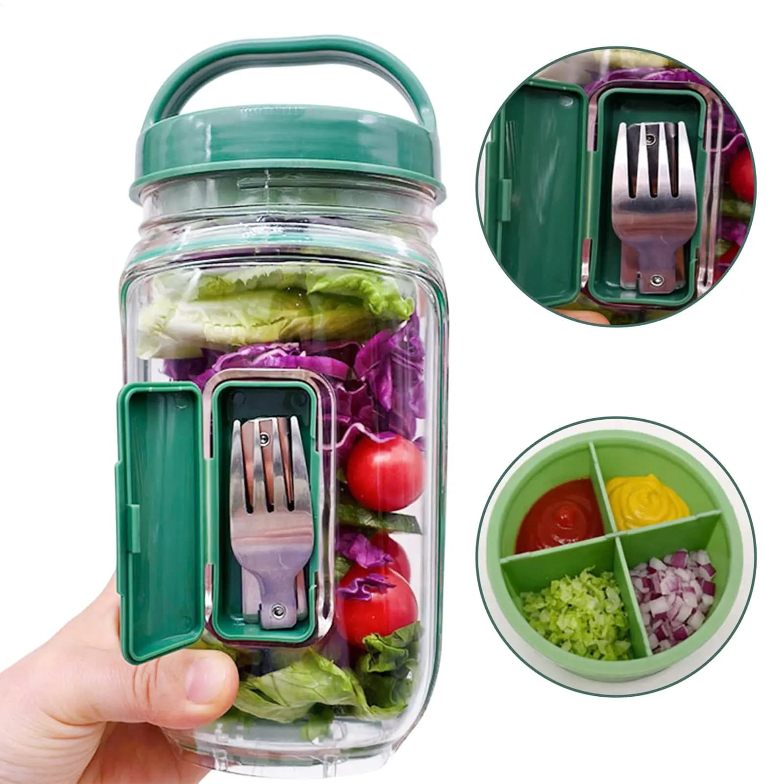 Contenitore per Insalata con Apertura Laterale 1000ml, Barattolo Ermetico per Preparazione Pasti con Contenitore per Condimenti per Pranzo, Lavoro, Ufficio, Palestra, Viaggi