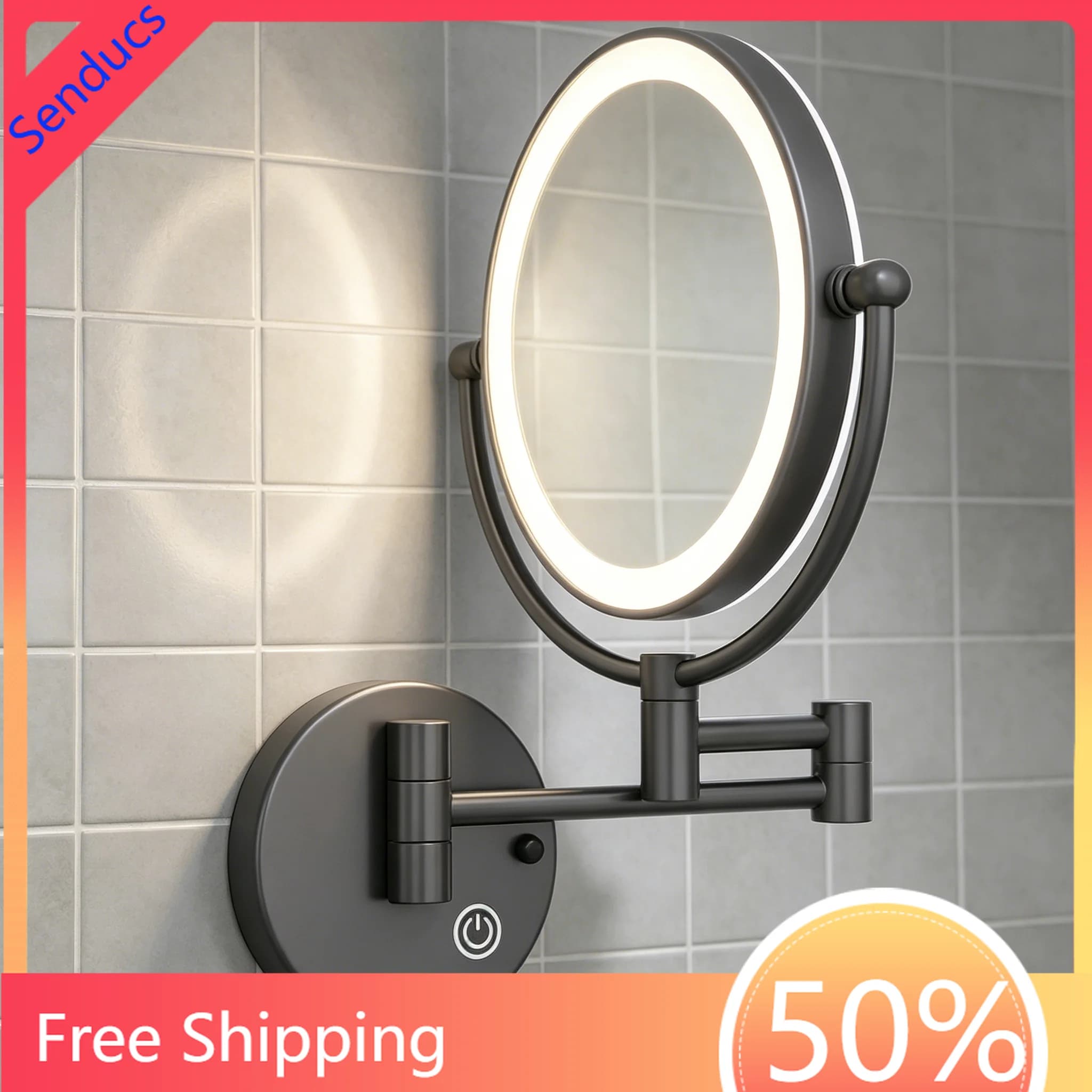 Specchio da Bagno LED Premium con Ingrandimento 5X, Specchio per Trucco Bifacciale Estensibile, Specchio da Parete Girevole con Controllo Touch