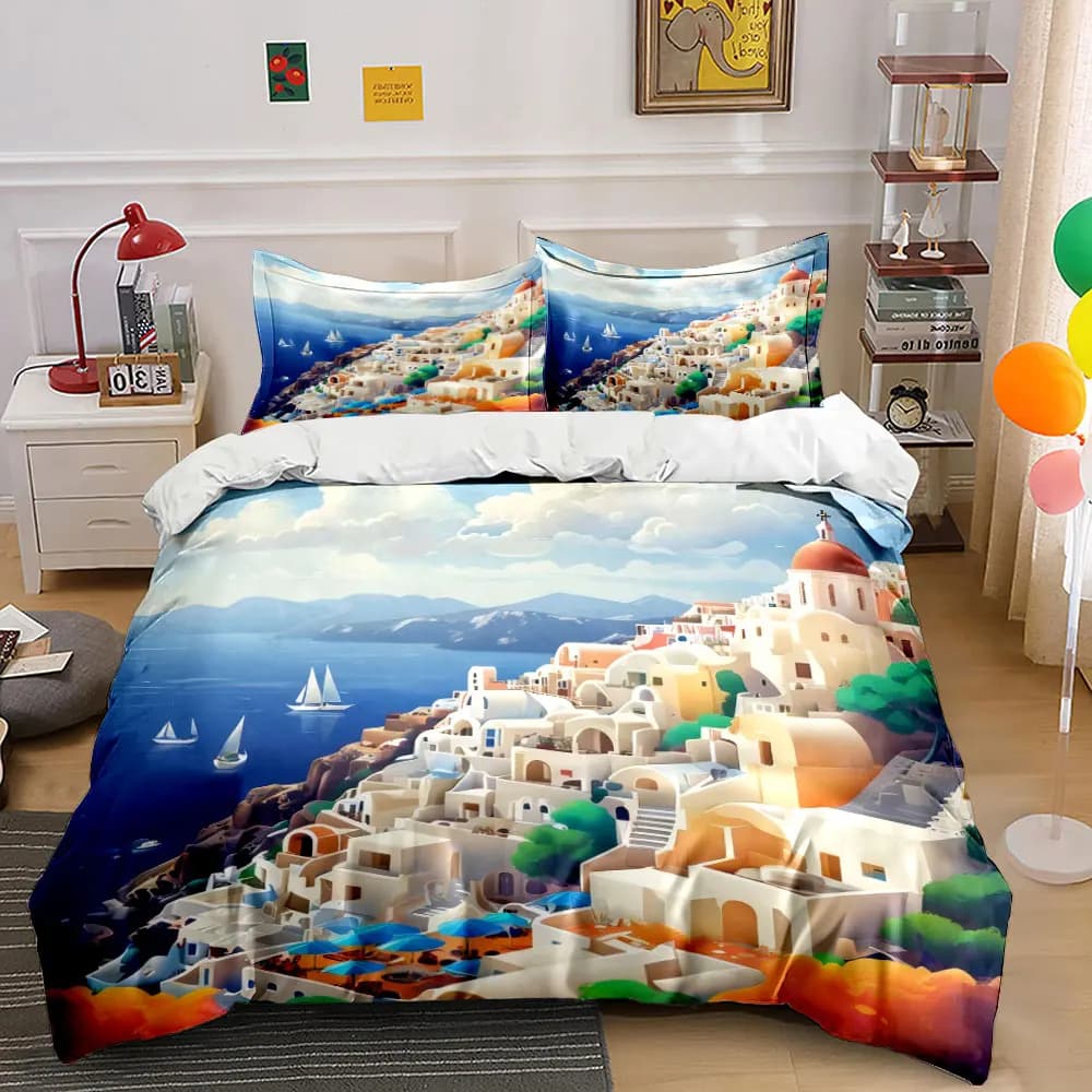 Set di biancheria da letto con motivo artistico paesaggistico mediterraneo, con 1 copripiumino e 2 federe, singolo, matrimoniale, king size, queen size, idea regalo