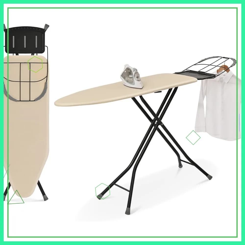 Asse da Stiro Pieghevole con Pannello in Metallo, 7 Altezze Regolabili, Rivestimento Resistente al Calore, 15x48 Beige