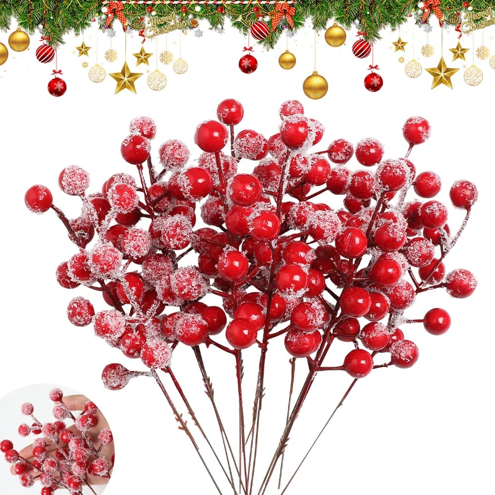 20 pezzi di frutta artificiale, neve, bacche rosse satinate, steli, decorazioni per l'albero di Natale, artigianato fai da te, decorazioni per matrimoni, decorazioni di Capodanno