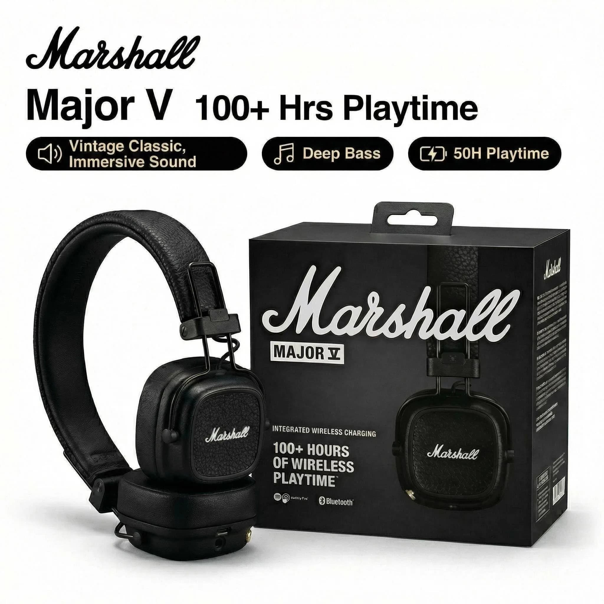 Marshall Major V 5 Wireless On-Ear Headphones - Bluetooth Deep Bass Stereo Sound Sports Gaming Headset with Mic