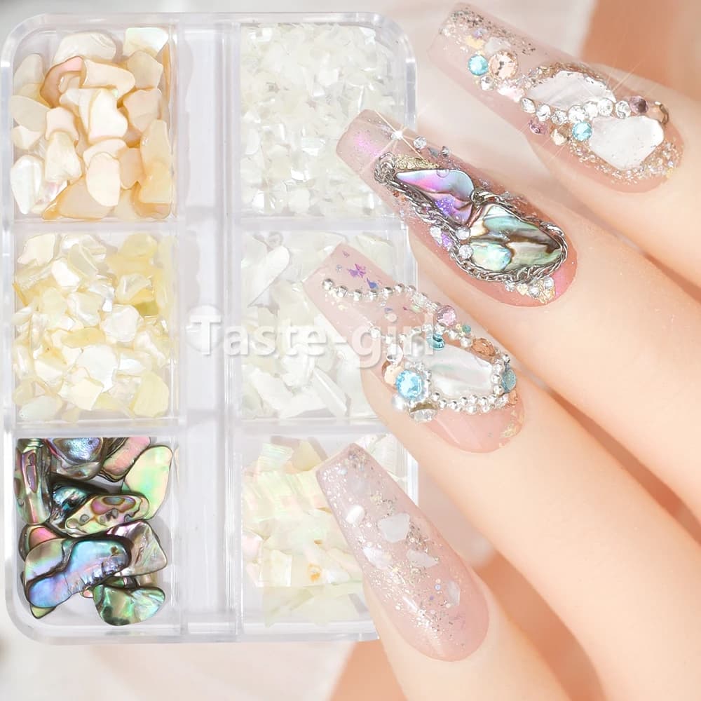 1 scatola unghie naturali frammenti di conchiglia fiocchi Glitter 3D Nail Art decorazione fascino strass Manicure perla Shell Stone Slice