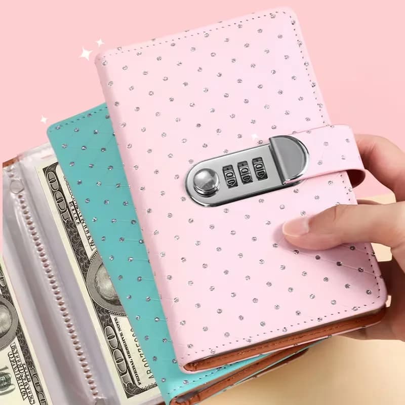 1Pc Faux Leather Password Cash Book with Lock - Rectangular Notebook Storage Box with Coin Storage, 50 Pages Can Hold 100 Banknotes, Secure Password Lock, Vertical Sliding Pocket, Large Capacity Collector's Currency Storage Device