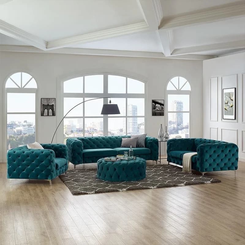 # Set di Divani di Lusso Stile Chesterfield in Velluto Blu con Gambe in Acciaio Inox Dorato per Soggiorno
