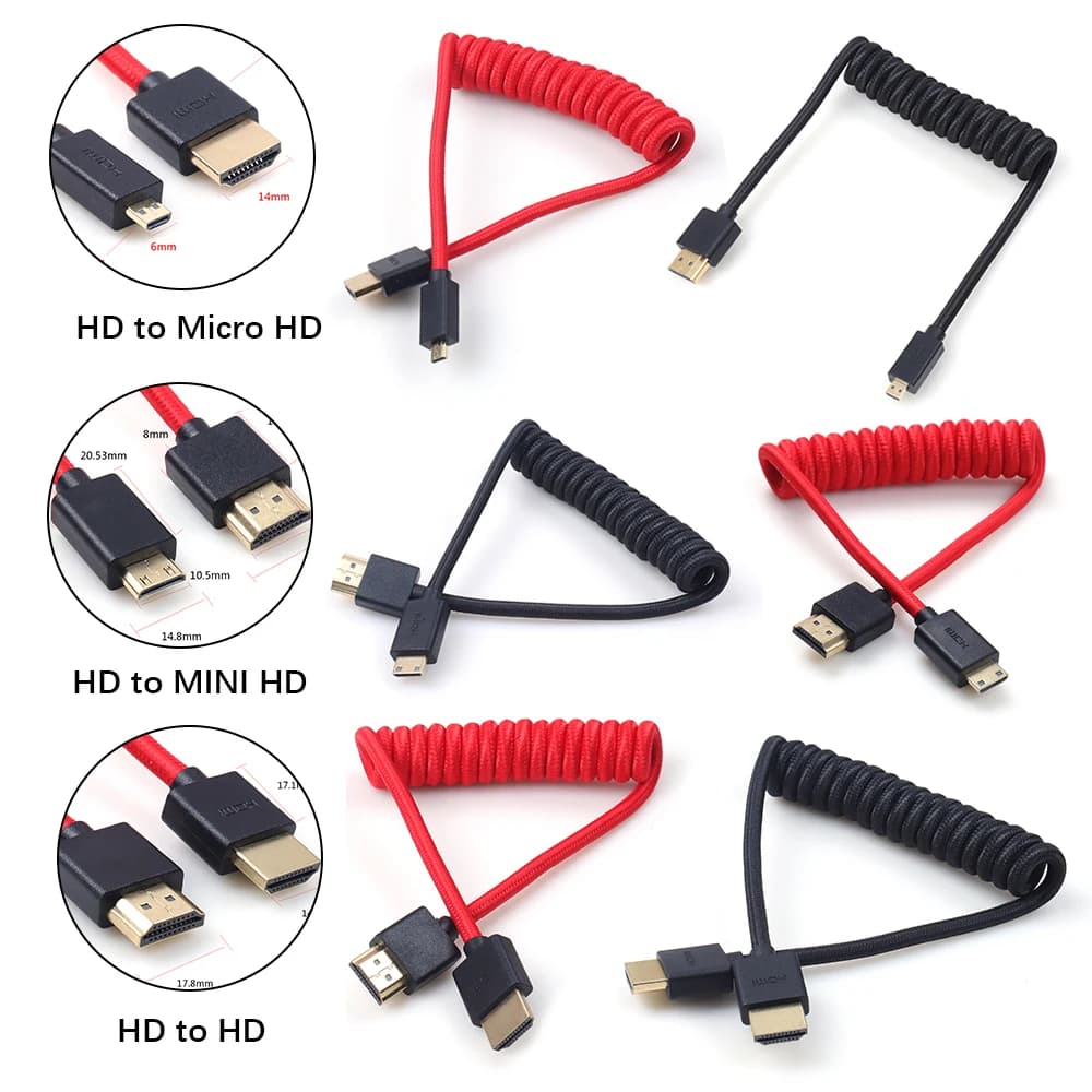 HD to Micro HD/MINI HD/HD Coiled Cable 1080P 4K 60Hz High-Speed High-Definition Television Cable for Monitor Computer |black re