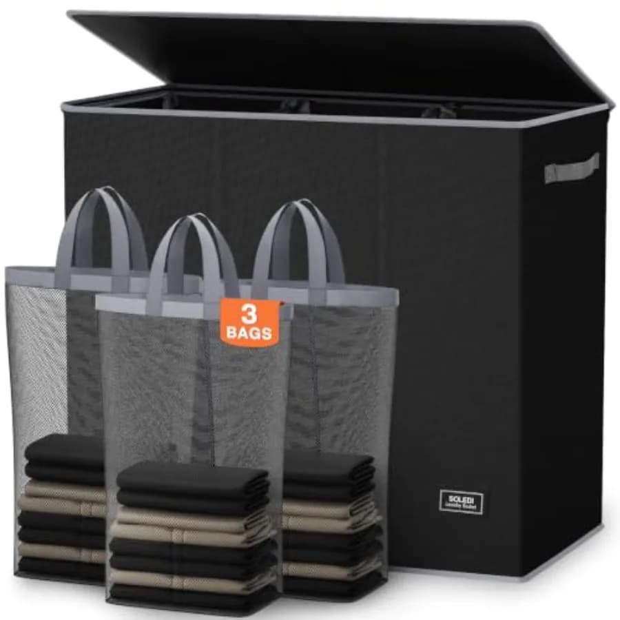 Large Laundry hamper 3 Section with Laundry Bag, XL Clothes Basket 3-Section Large capacity Laundry Sorter with Odor-Blocking L