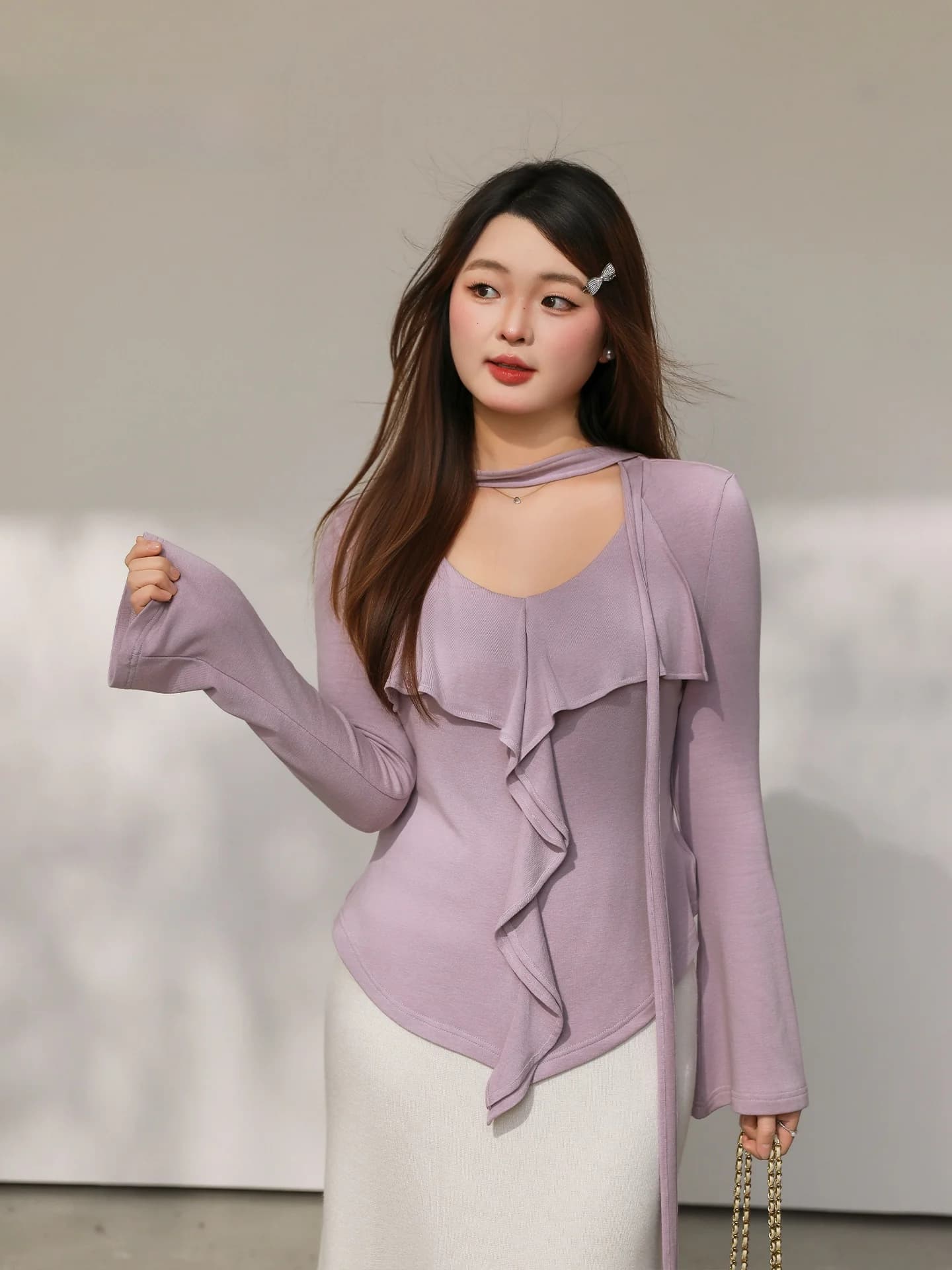 New 2026 Ele V-ne T-irt Waist-cinching Blouse Romantic Social Series Long Sve Spring Faion for Women plus Size