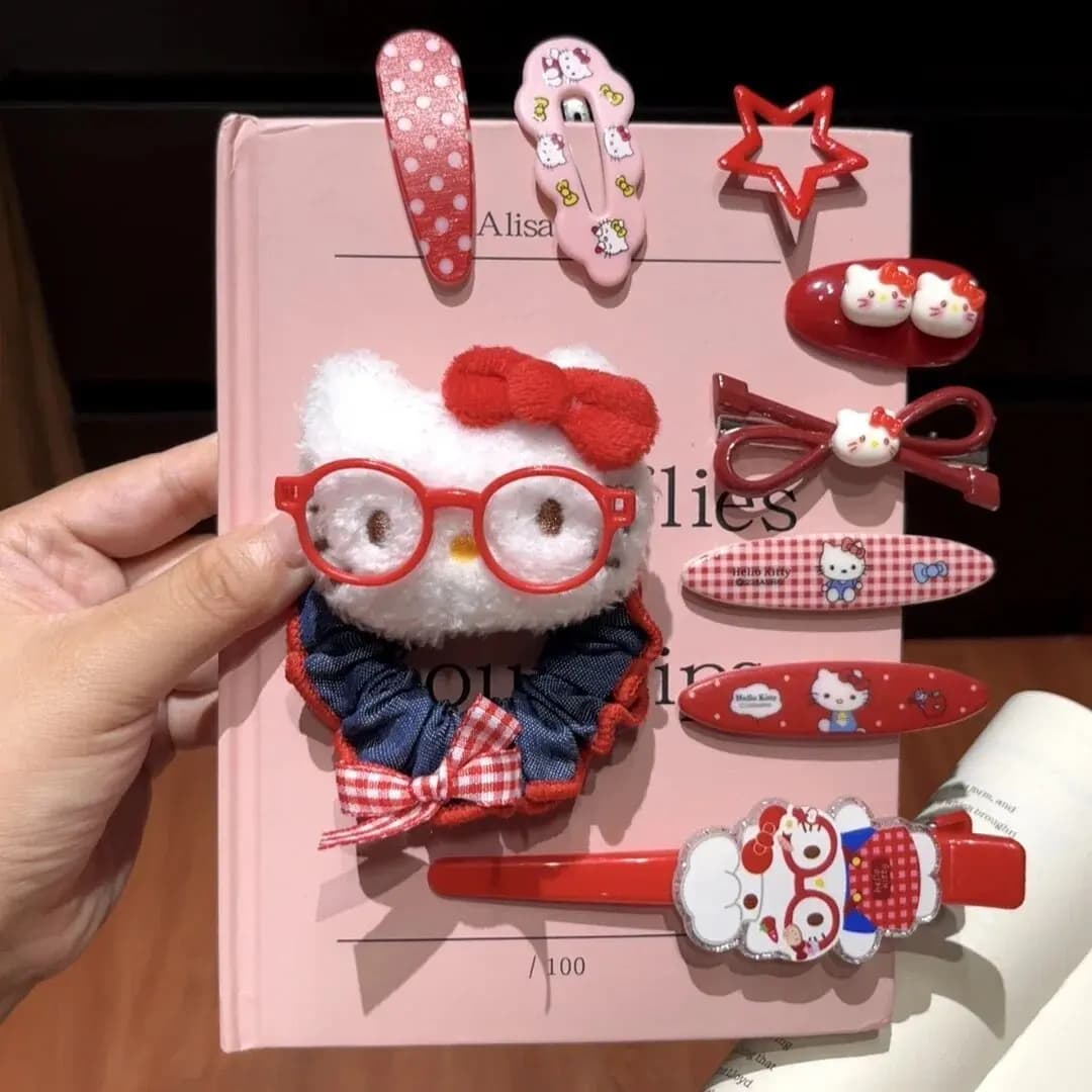 Set di 9 fermagli e elastici per capelli Hello Kitty di Sanrio, semplici elastici per coda di cavallo e fermagli, regalo carino per ragazze.
