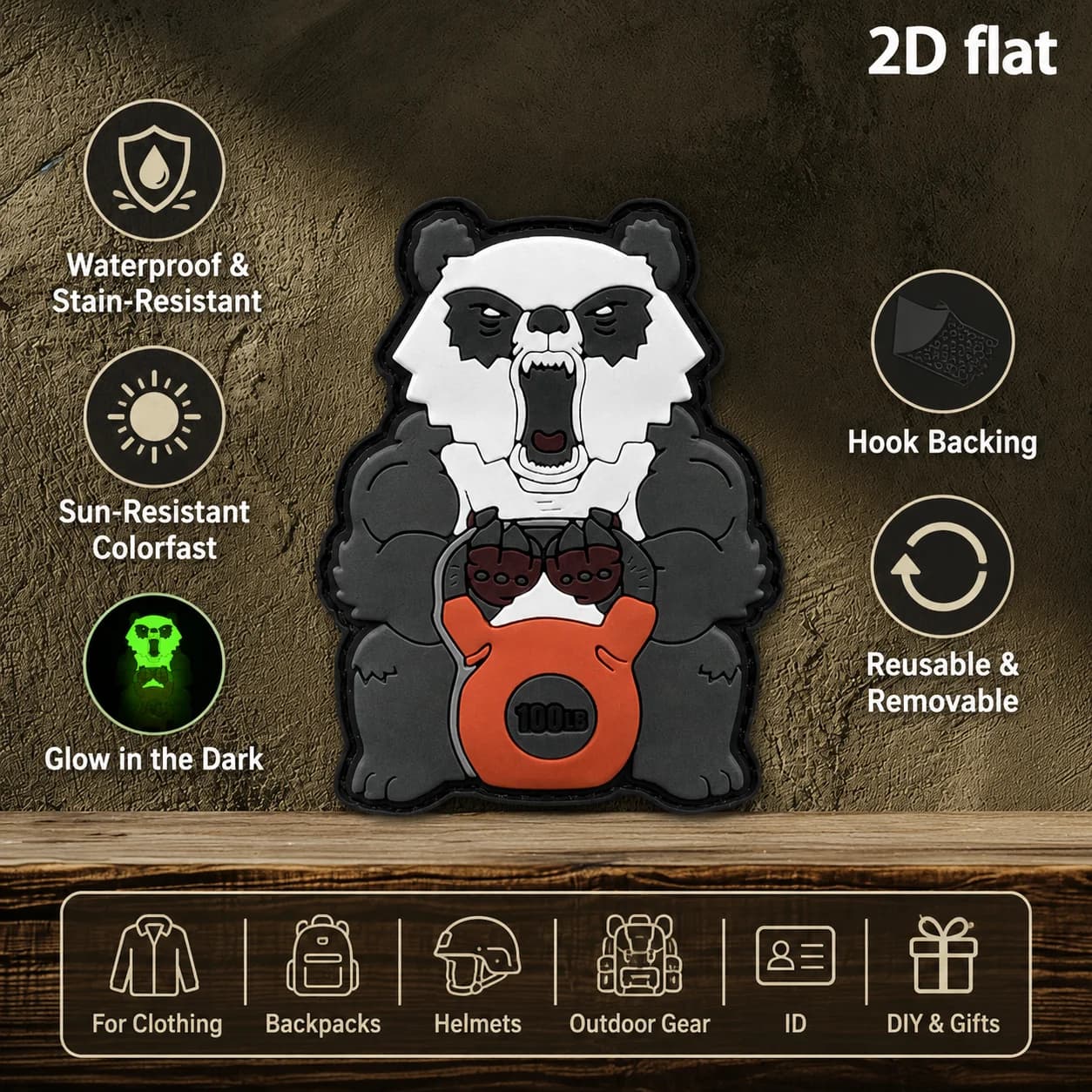 100lb Kettlebell Fitness Panda-Shaped Glow-In-The-Dark Effect Badge, 2D Flat Pvc Material, Magic Tape Patch, Free Backing Material, Optional Sizes, 1Pc/2Pcs/3Pcs, Layered 3D Embossed Edge, Not Easy to Come Off, Functional Jacket Personalized Decoration Accessory