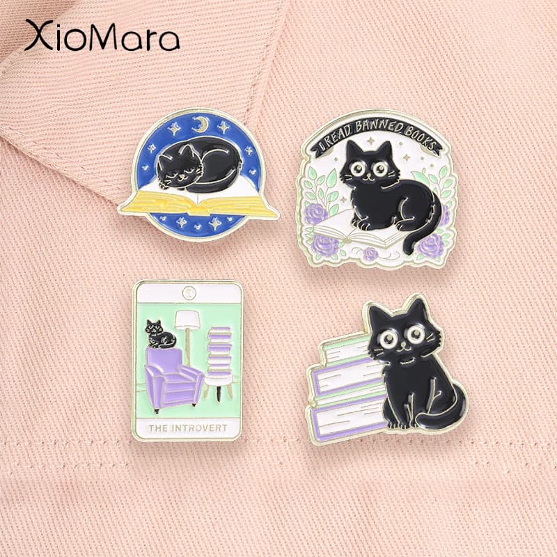 I Read Banned Books Enamel Pins The Introvert Tarot Cards Floral Books Black Cat Book Lover Brooches Lapel Badge Jewelry Gifts