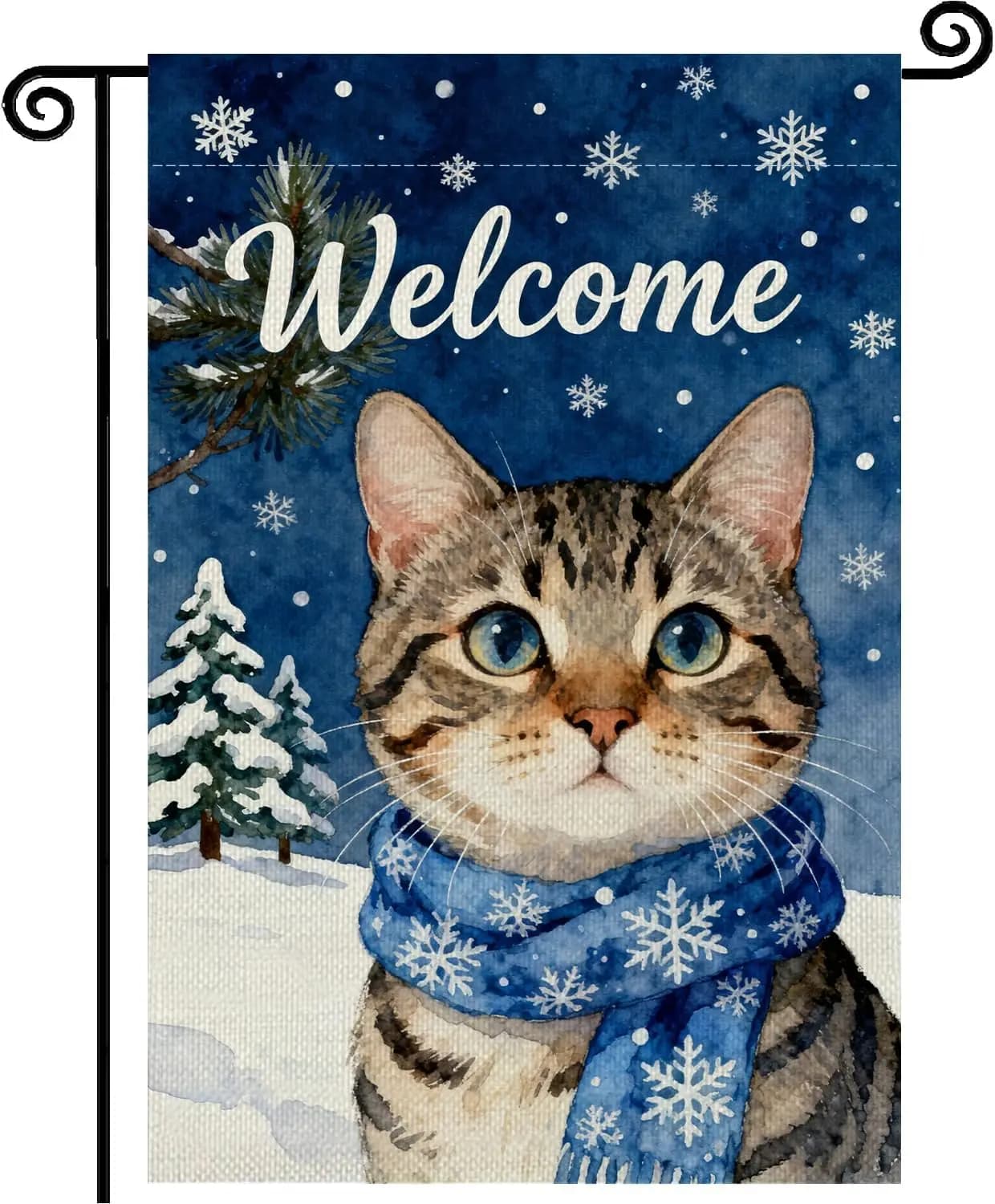 Winter Cat Welcome Garden Flag 12x18 Inch Double Sided,Snow Trees Christams Farmhouse Small Burlap Seasonal Holiday Yard Out