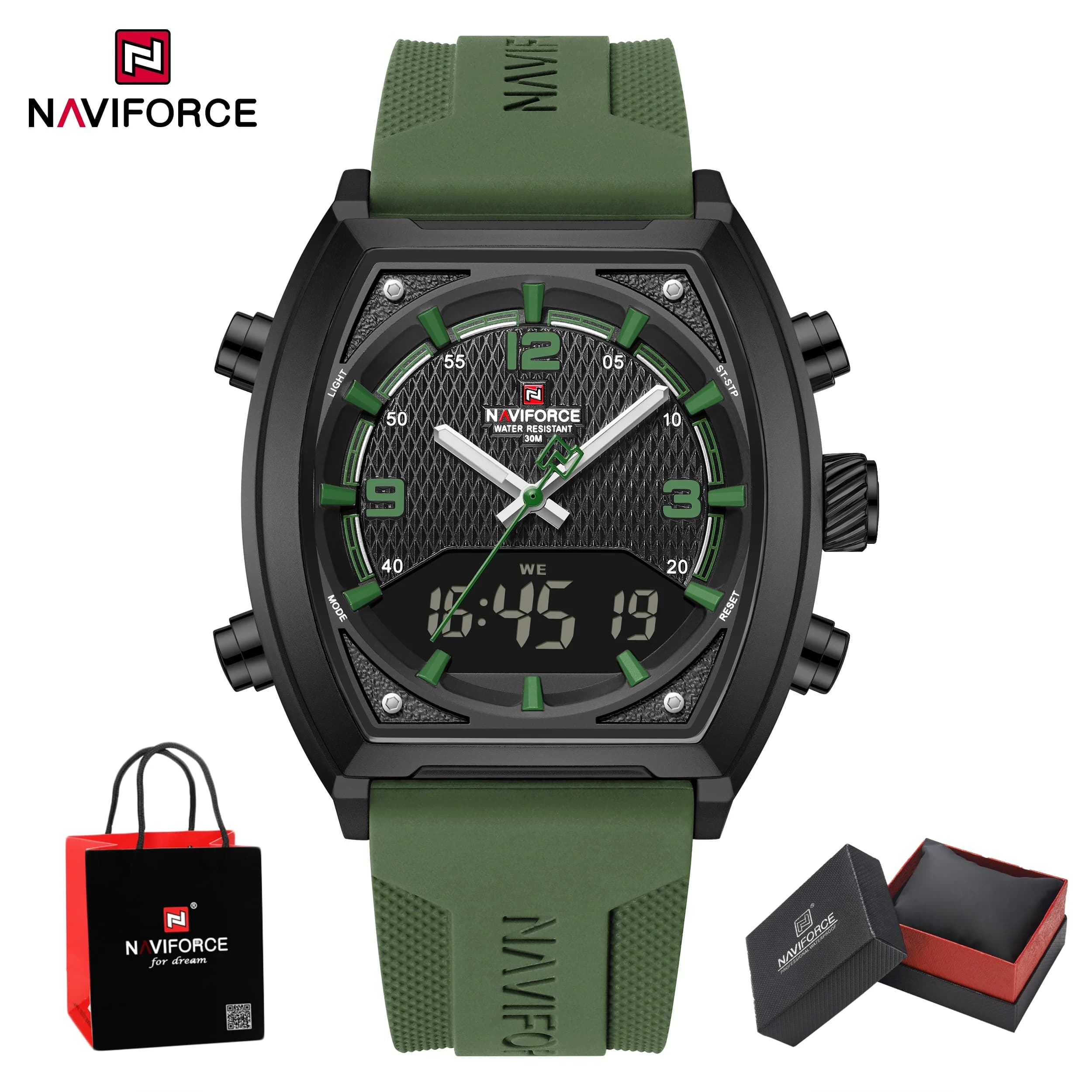 Orologio NAVIFORCE da uomo con doppio display, impermeabile 3ATM, cinturino in silicone luminoso, orologio sportivo casual, confezione regalo