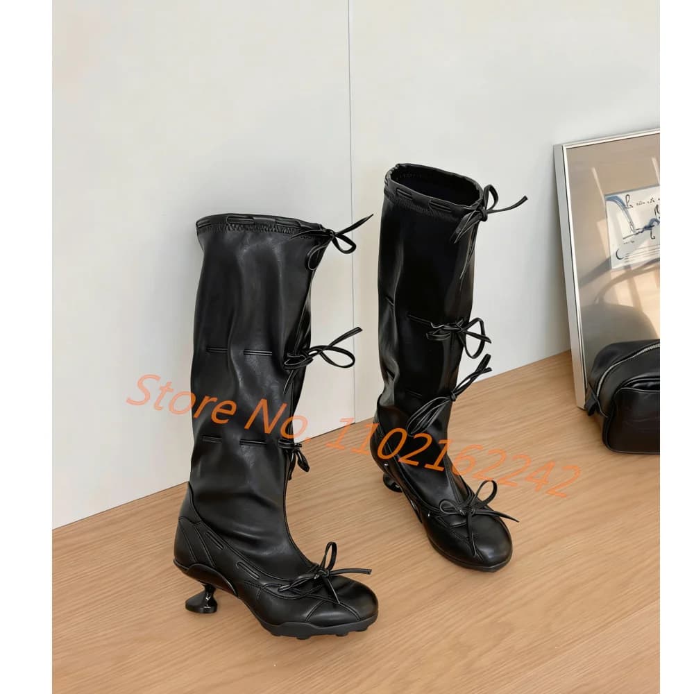 Stivali alti al ginocchio da donna Bow-Tie Ballet, in pelle elasticizzata, a punta tonda e tacco basso, stile sfilata, estivi, moderni, taglia 46