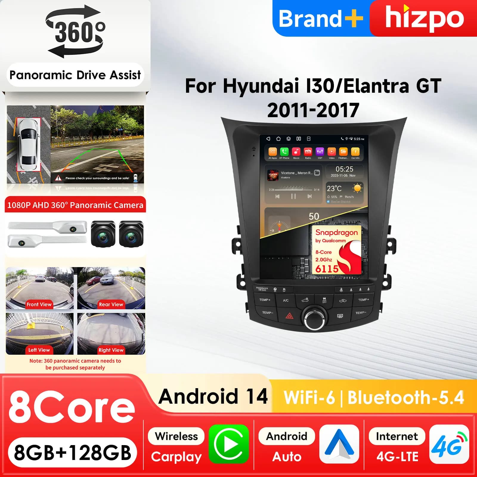 Autoradio multimediale Android 9.7'' 6115 con lettore video per Hyundai I30 GD Elantra GT 2011-2017, Carplay, GPS e schermo QLED