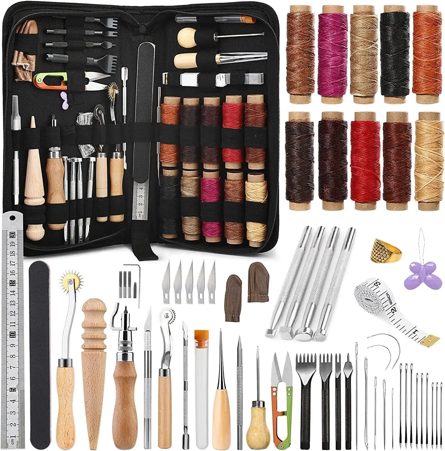 60-piece leather craft kit with case, includes sewing tools, molding and punching tools for DIY projects