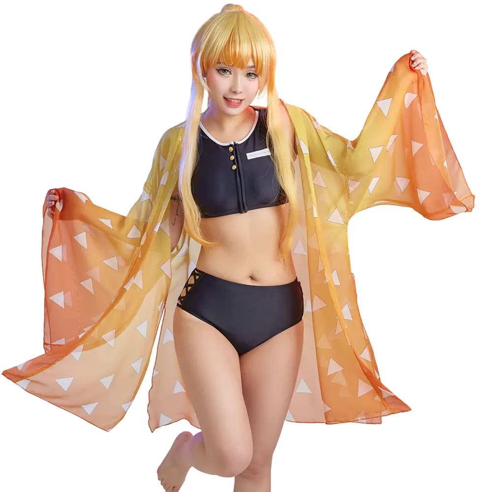 Miccostumes Costume da bagno donna anime cartone animato giapponese Set bikini nero con pantaloni superiori con kimono Haori Cover Up