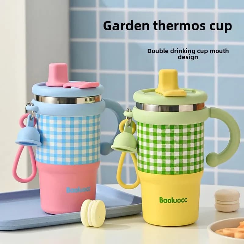 2025 New Girls Office 316 Stainless Steel Thermos Cup Household Handle Student Straw Cup Double Drink Bingba Cup Coffee Mug