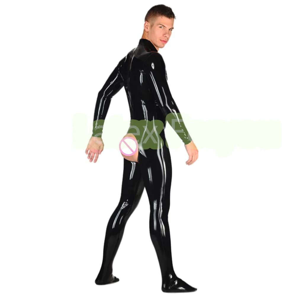 Latex Black Full Mano Suit for Men, Halloween Party Costume, Latex Rubber Suit with Fianchi Slots, Socks Included with Front Zip