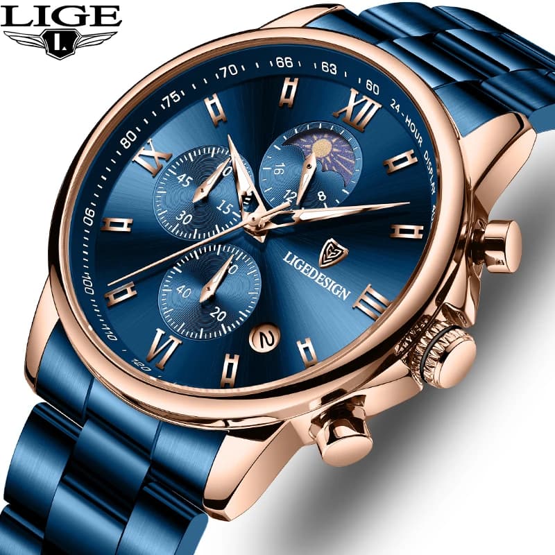 LIGE Orologio da uomo di lusso alla moda Top Brand Business Acciaio inossidabile Data automatica Fasi lunari Orologi al quarzo luminosi impermeabili per uomo