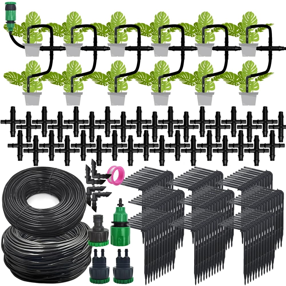 Drip irrigation kit for greenhouse 4-way garden irrigation system from 4/7mm to 3/5mm dripper for hose for potted plants Vegetable Bonsai