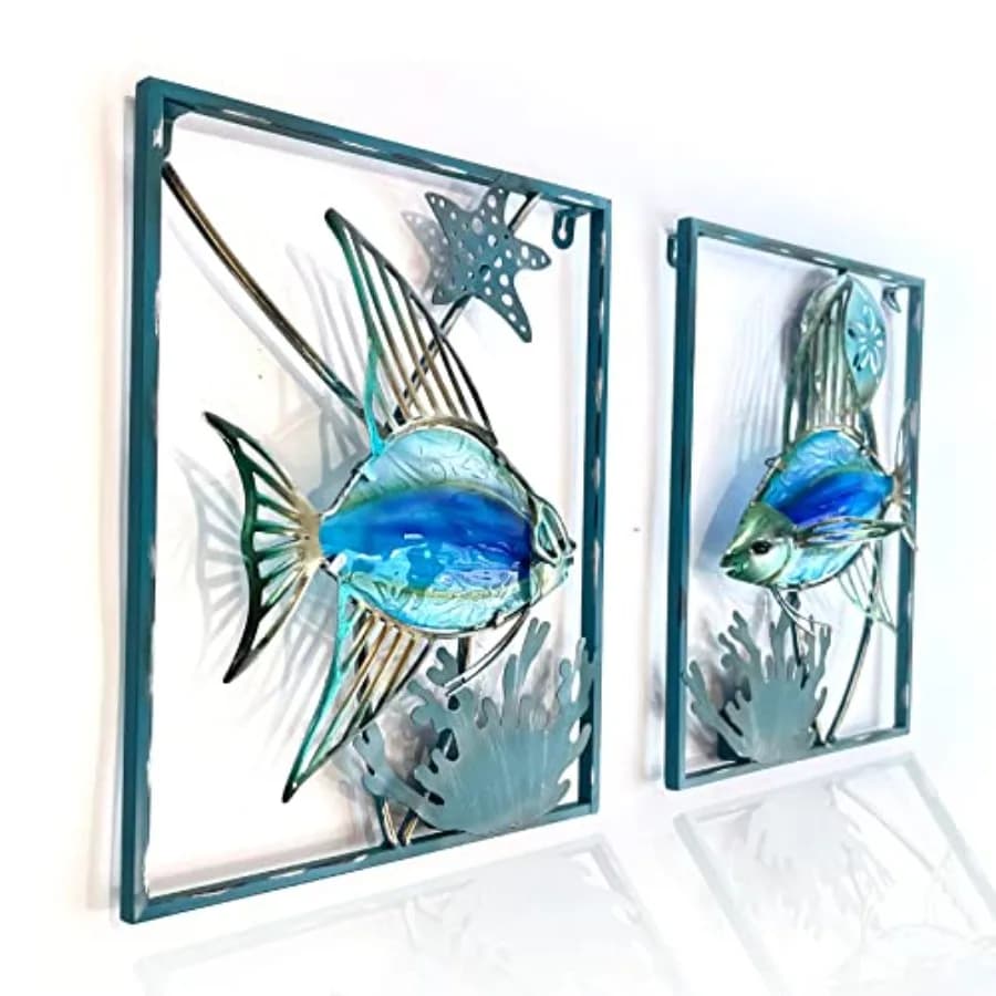 Decorazione da Parete in Metallo a Forma di Pesce con Cornice - Arte Murale da Esterno con Luci LED a Filo, Scultura in Vetro a Forma di Pesce per Patio e Spiaggia