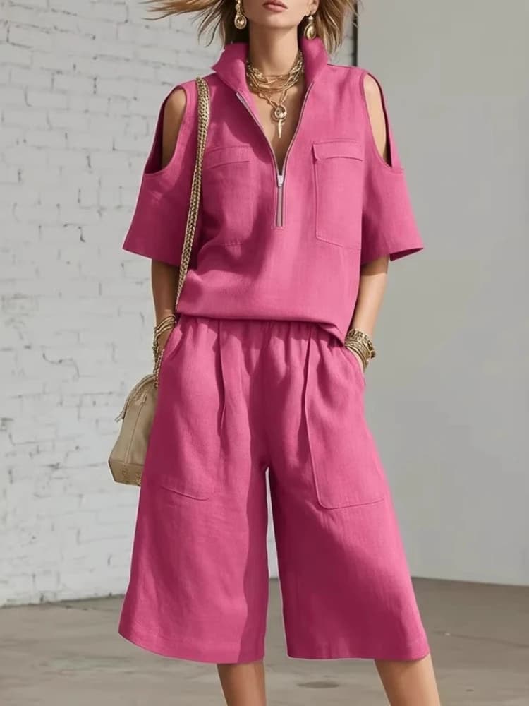 Completo da donna due pezzi estivo casual con pantaloni corti e camicia a maniche corte, cerniera, scollo a V, tasche, tinta unita, nuovo modello alla moda