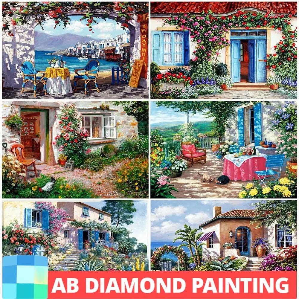 AB Drills Full Square Round Diamond Painting Garden 5D Cross Stitch Kits Embroidery Landscape House Mosaic Art Home Decor