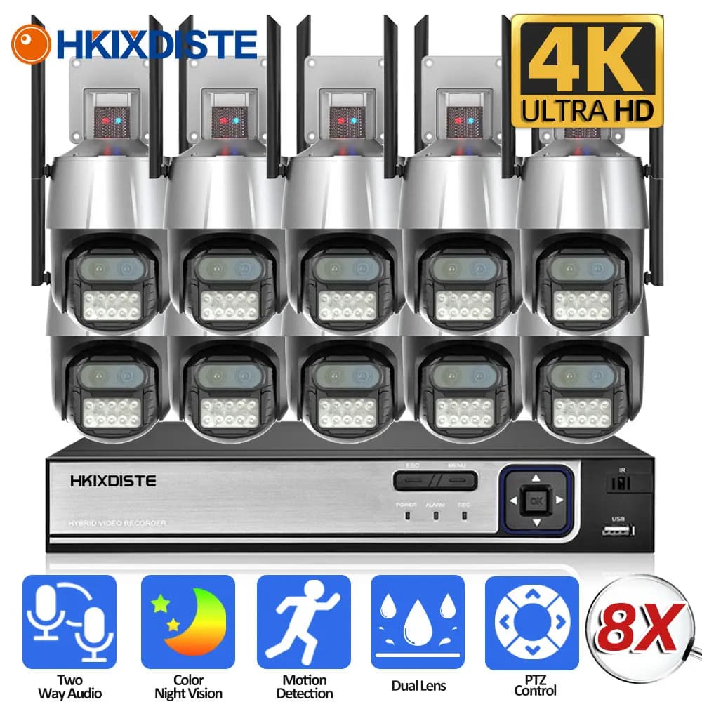 8CH 4K P2P CCTV Camera Security System Automatic Monitoring Zoom 8X WiFi PTZ Surveillance Camera with NVR POE 8MP 10CH XMEYE System