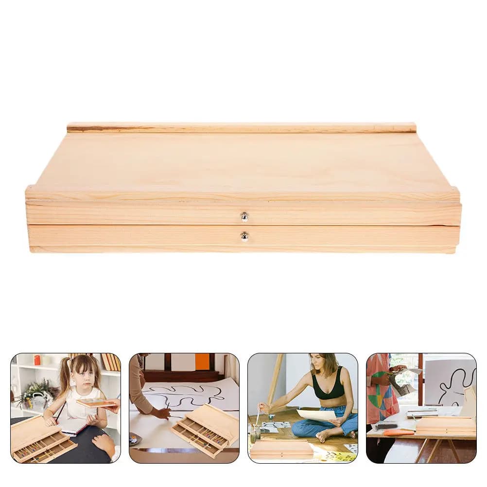 Wooden Art Storage Box with Compartments Double Tier Design for Painting Supplies Sketching Tools Elegantly Crafted Organizer