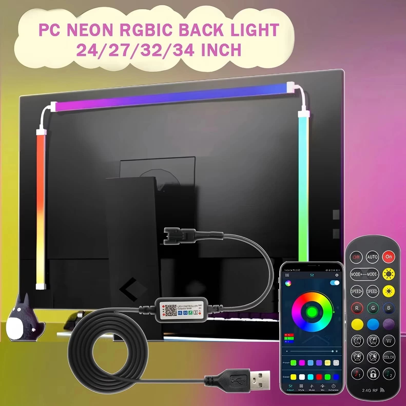 Monitor da 24-34 pollici LED RGBIC Gaming Neon Backlight Sincronizzazione con app USB Alimentato 5V Luce LED per PC Sincronizzazione Illuminazione musicale per computer