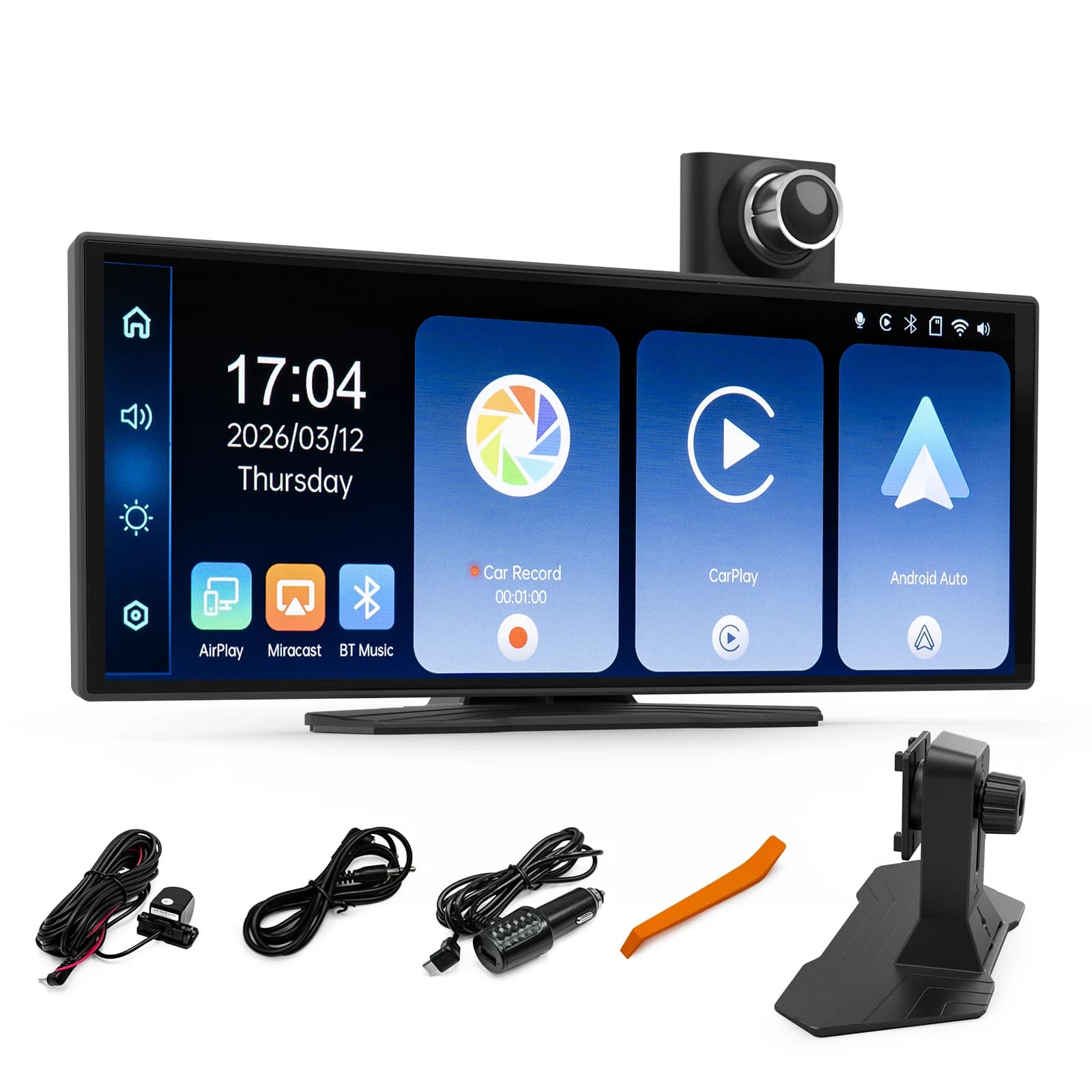 DVR per Auto da 10.26 Pollici con CarPlay, Risoluzione 4K Ultra HD, Telecamere Anteriori e Posteriori