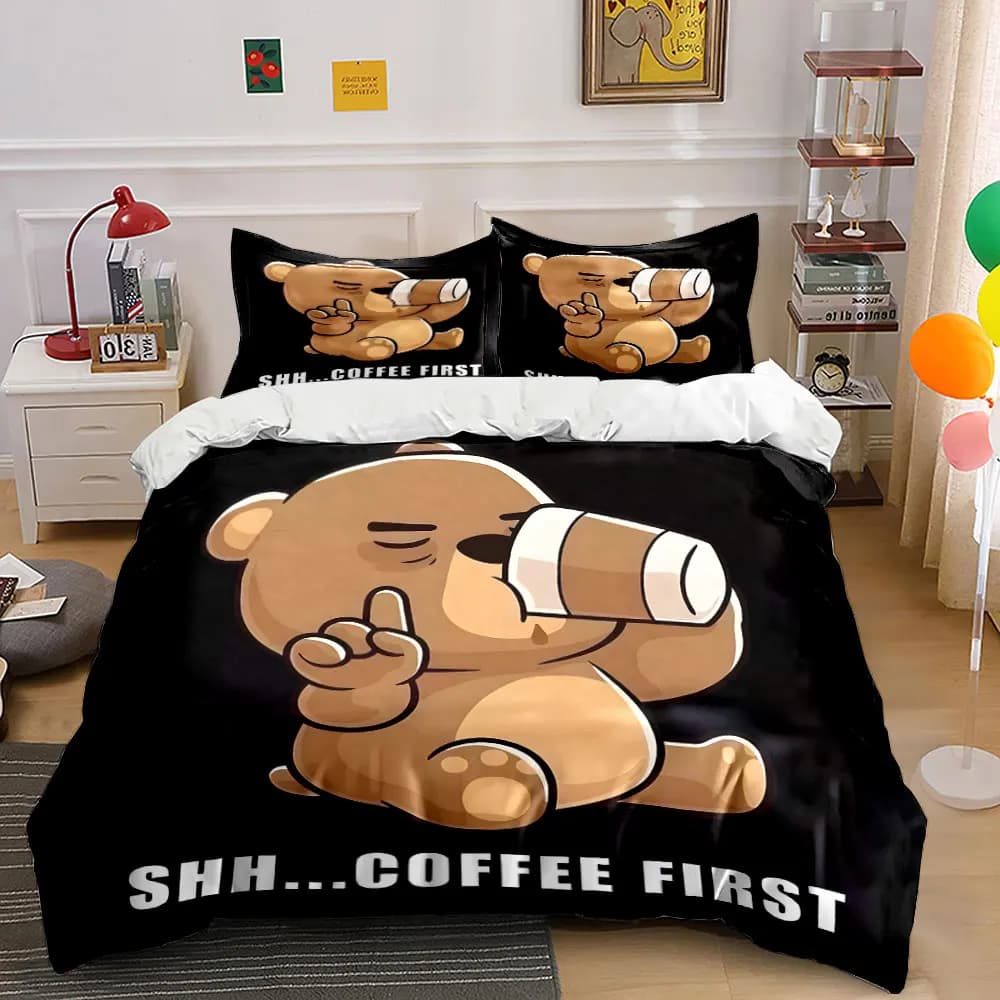 3pcs Cartoon bear sipping coffee quietly Pattern Duvet Cover Set Digital Print Colorful Polyester Bedding with Zipper Closur