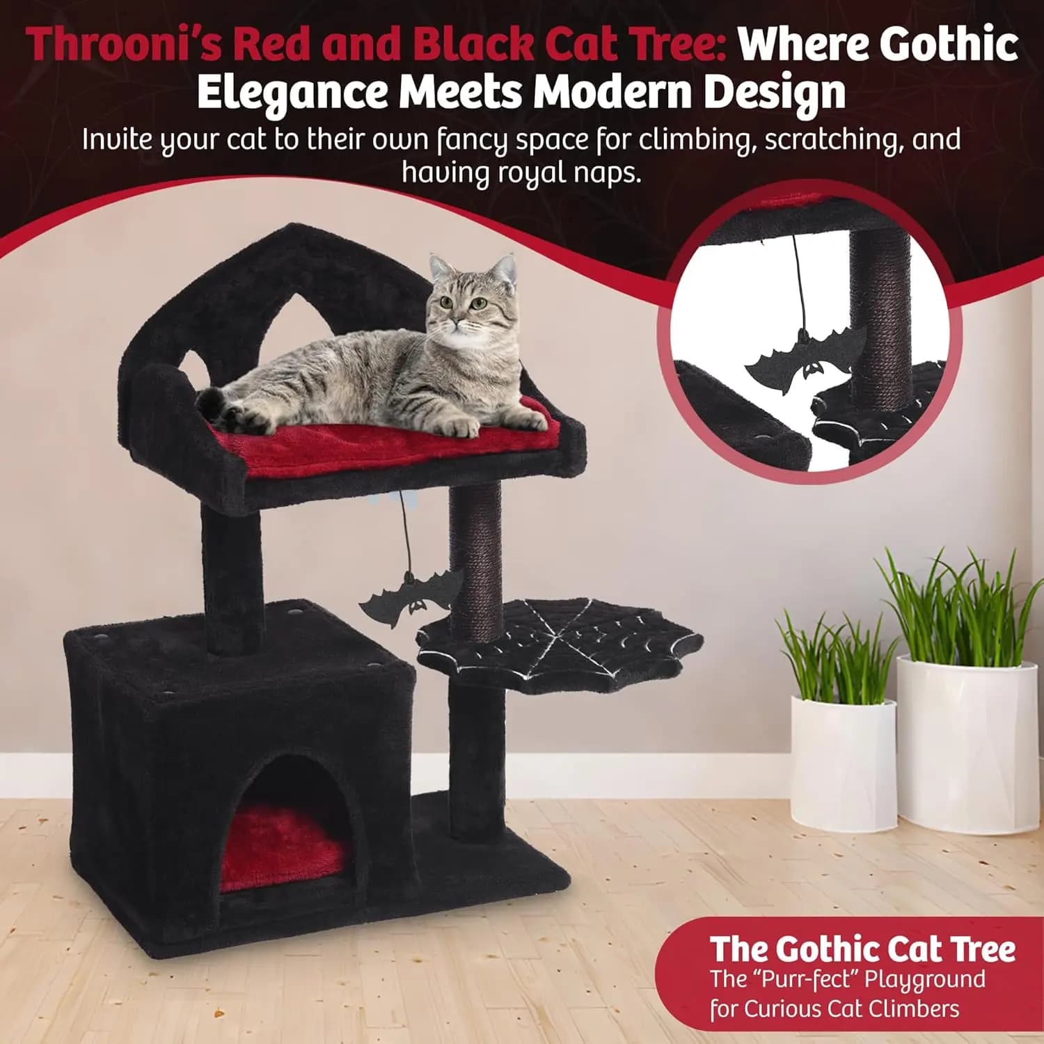 Albero per gatti gotico - Condo per gatti nero da 28 pollici con letto del trono reale, pipistrello sospeso spettrale e tiragraffi in sisal resistente - Forniture per animali domestici