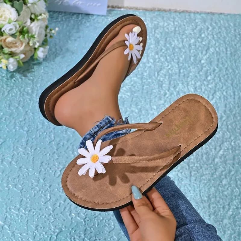Women's Flip Flops Flat Sandals Open Toe Thong Strap Floral Applique Flower Detail Smooth Leather Look Slip on Backless Footwear