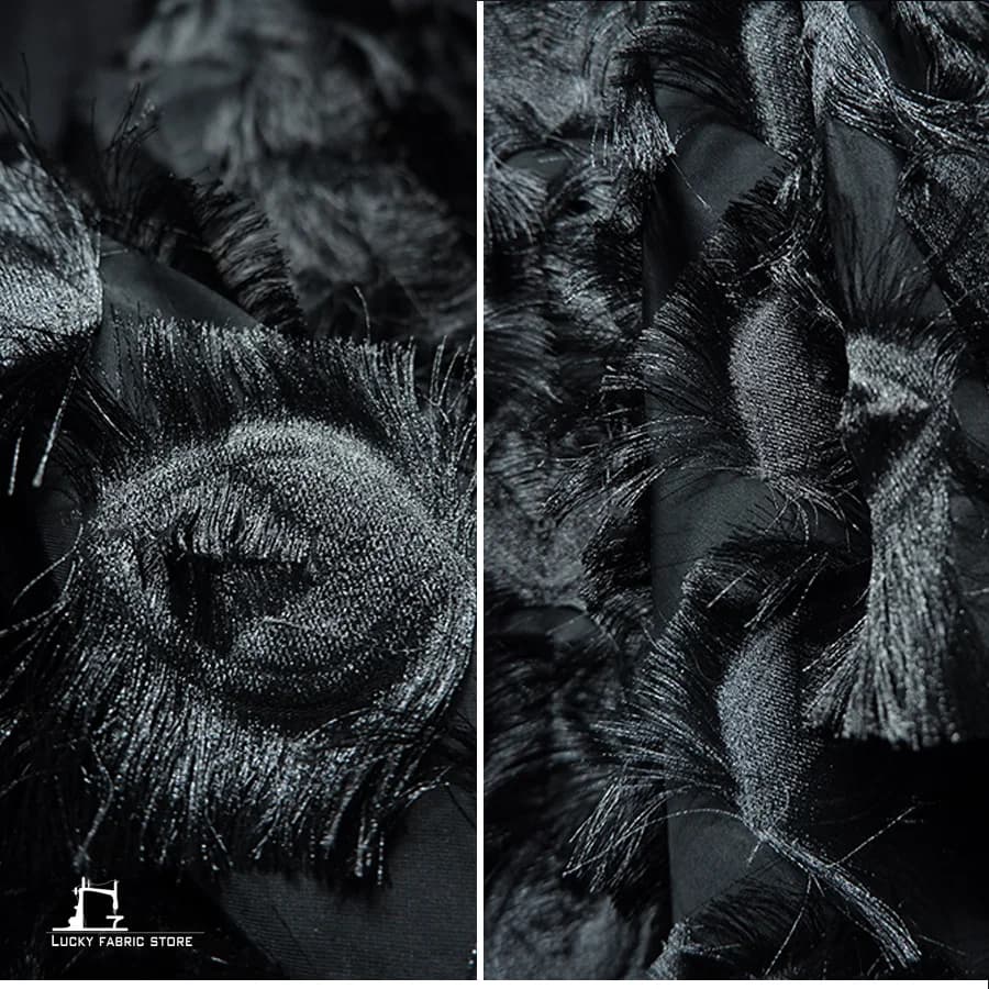 Tessuto di design per abbigliamento in tessuto con trama jacquard con motivo a occhi tridimensionale tagliato a nappa nera fatto a mano
