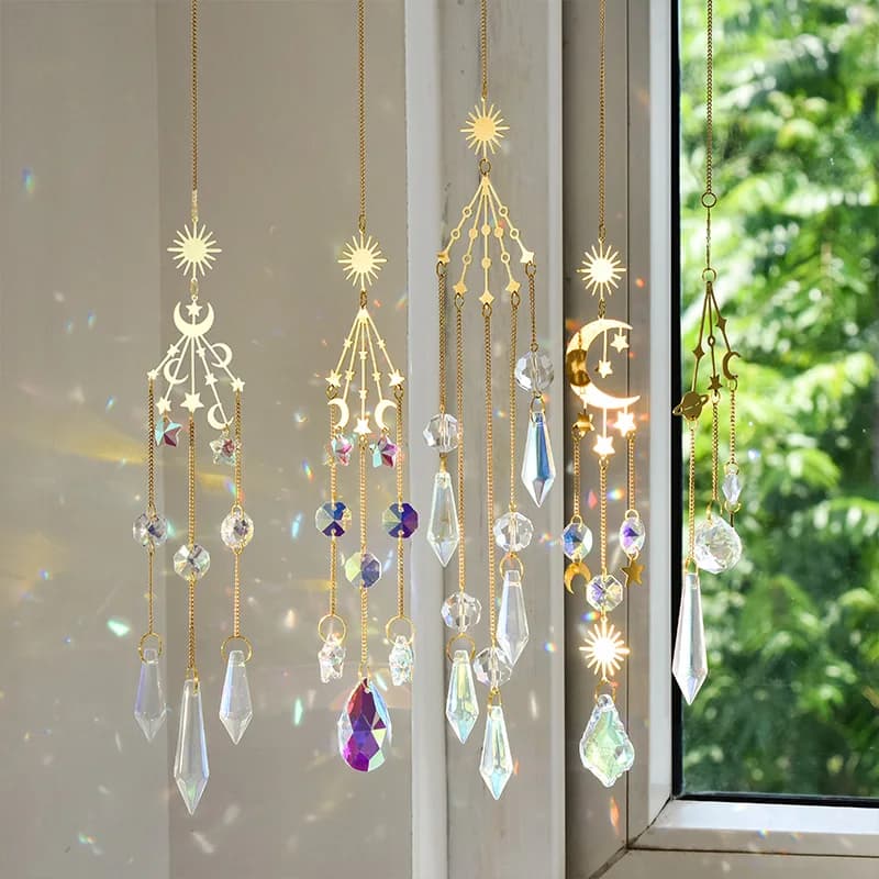 Star Moon Light Catcher Crystal Pendant Prism Rainbow Wind Chime Suitable for Home Garden Window Decoration