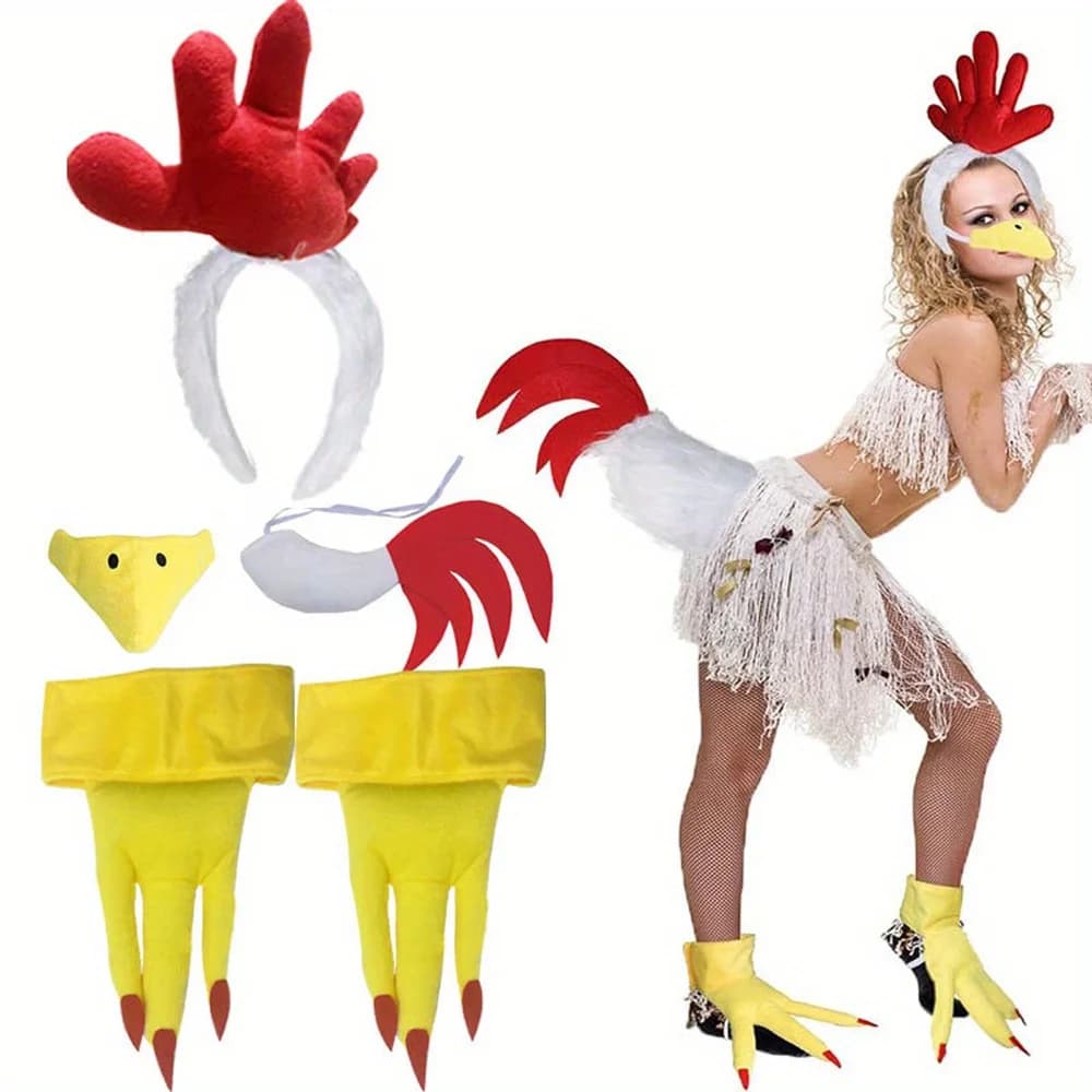 Accessori per costumi di pollo con gallo - Fascia per capelli con pettine per gallo, coda di pollo, maschera per naso con becco di gallo, scarpe per costumi con piedi di pollo