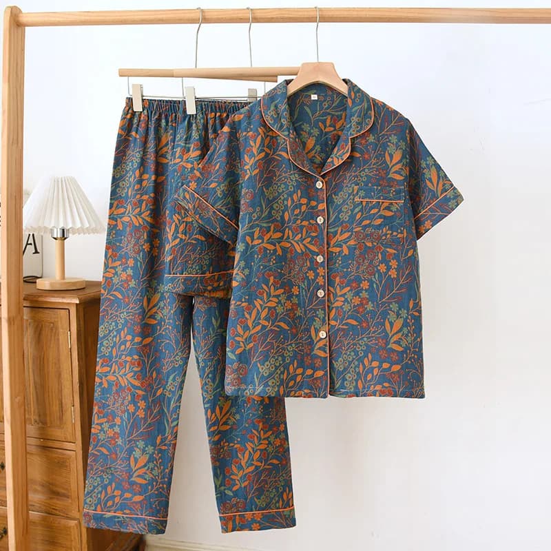 2025 New Spring and Autumn Women's Pajama Set 100% Cotton Retro Color Woven Home Clothes Long Sleeve Long Pants 3 Piece Set