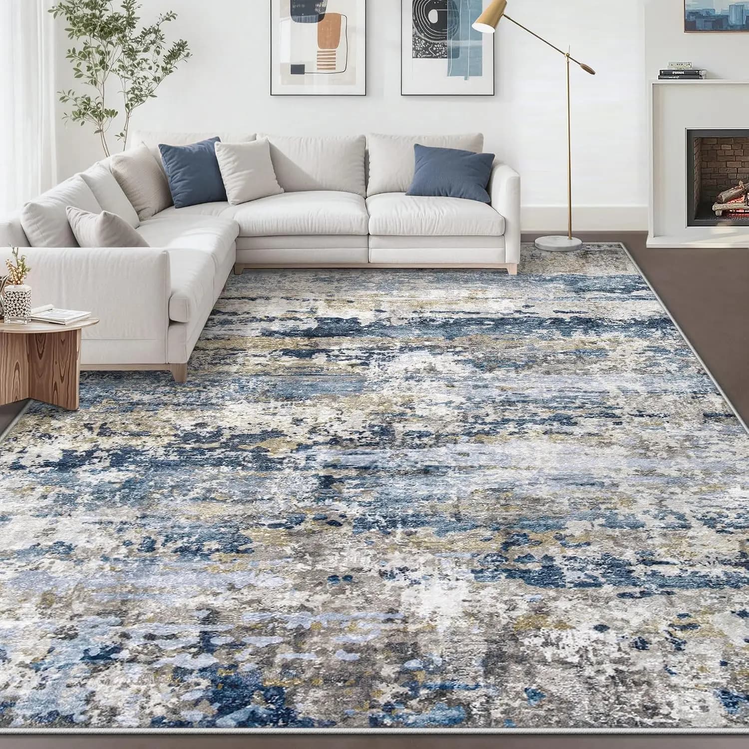 Washable Area Rug 8x10 for Living Room, Modern Abstract Non-Slip Low-Pile Carpet, Soft Indoor Rug for Bedroom Dining Room Home Office, Blue Grey Brown