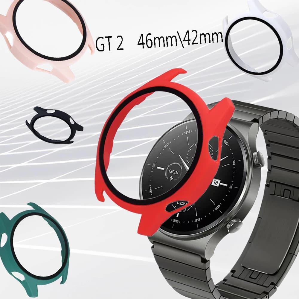 Custodia protettiva per schermo per HUAWEI Watch GT2 46mm 42mm, pellicola in vetro temperato e paraurti rigido sottile per PC per Huawei Watch GT2 46mm 42mm