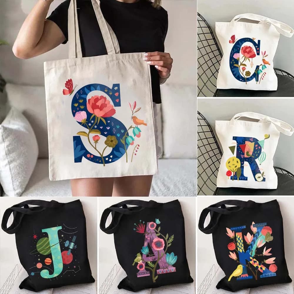 Cute Floral Letter A Z Watercolor Flower Initial Letter Print Harajuku Shopping Canvas Tote Bag Women's Designer Shopper Handbag