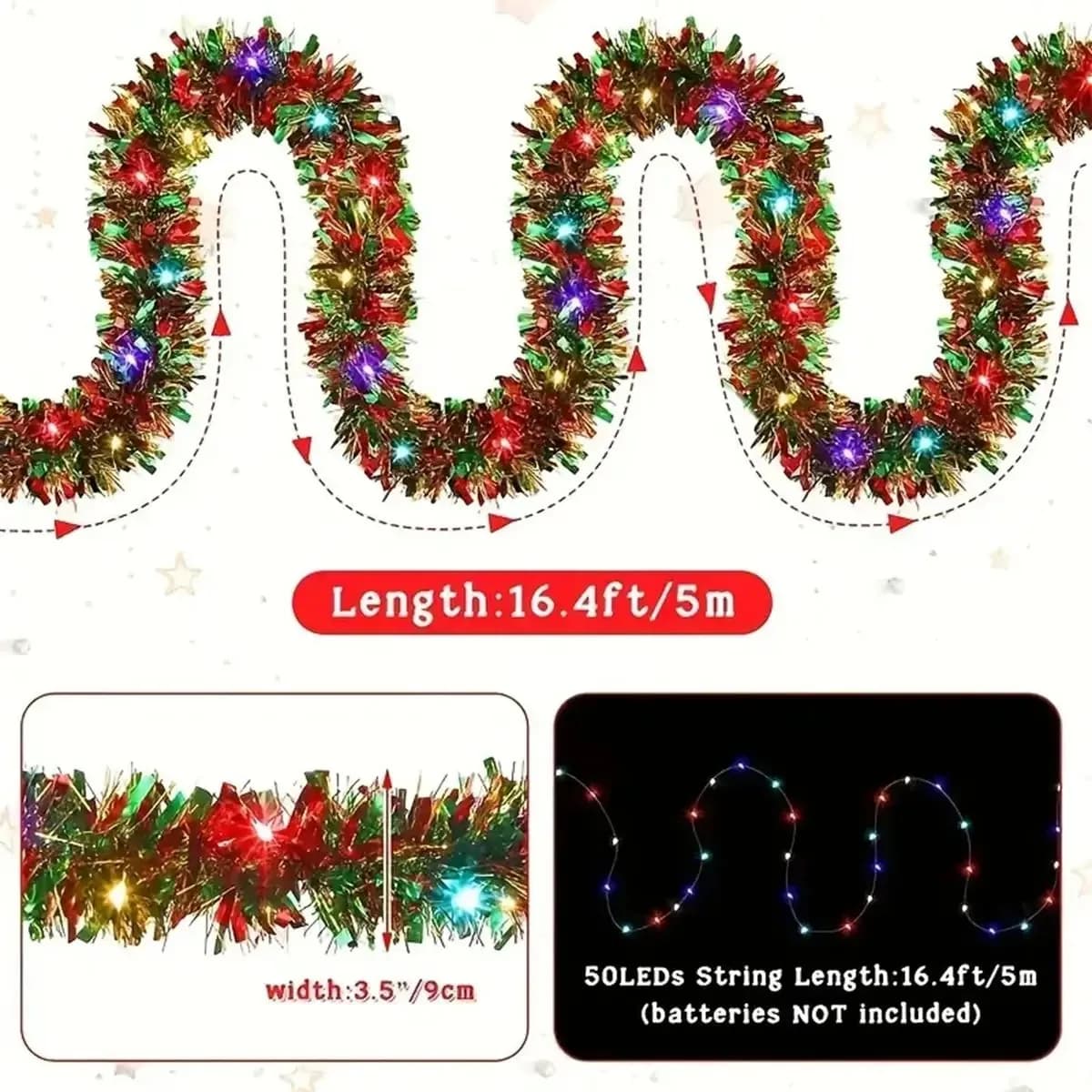 Christmas Tree Tinsel Garland with LED String Lights Shiny Metallic Garland Home Holiday Decoration