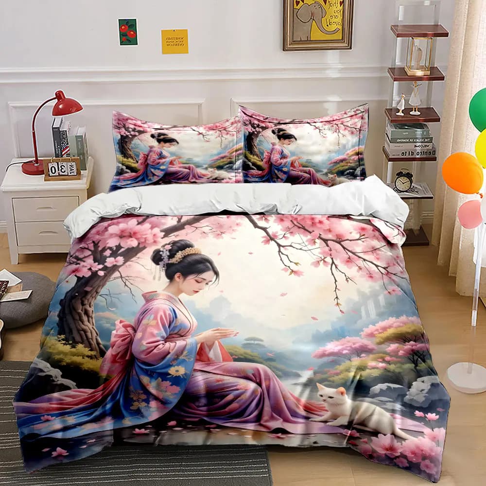 Set di biancheria da letto con stampa di donna in kimono e gatto su albero di ciliegio, morbido e confortevole, include 1 copripiumino e 2 federe.