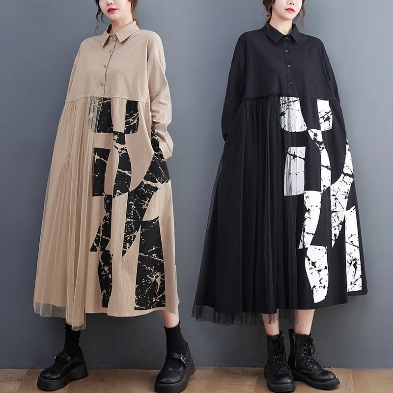 Spring Autumn Korean Style Loose Large Size Mesh Splicing Midi Length Artistic Retro Long Sleeve Dress High Waist A-Line Skirt