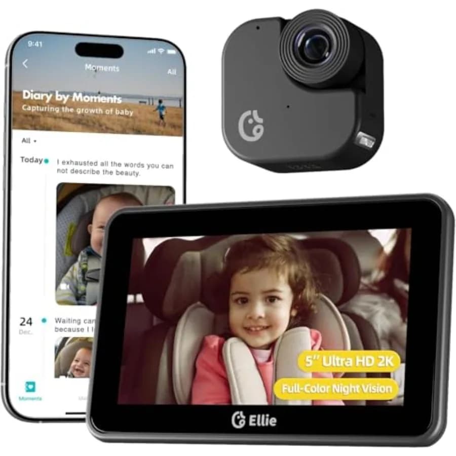 Monitor per Auto Ellie Baby 2K UHD con Visione Notturna a Colori, Tracciamento del Viso, Doppio Display per 2 Telecamere con Ampia Visualezza