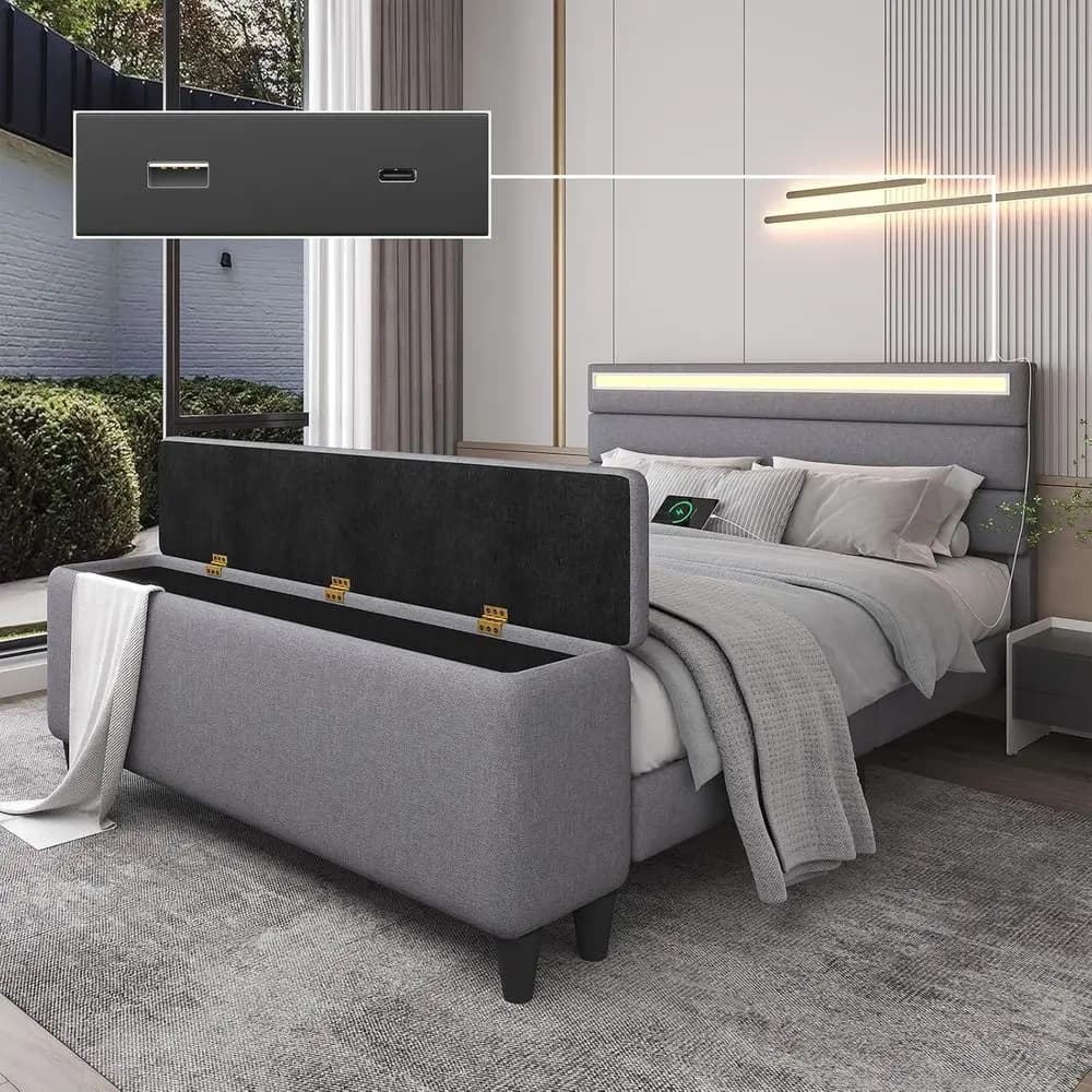 Letto a piattaforma imbottito grigio con contenitore ottomano, luci LED, stazione di ricarica, supporto a doghe solide, facile da montare, senza molle a box spring