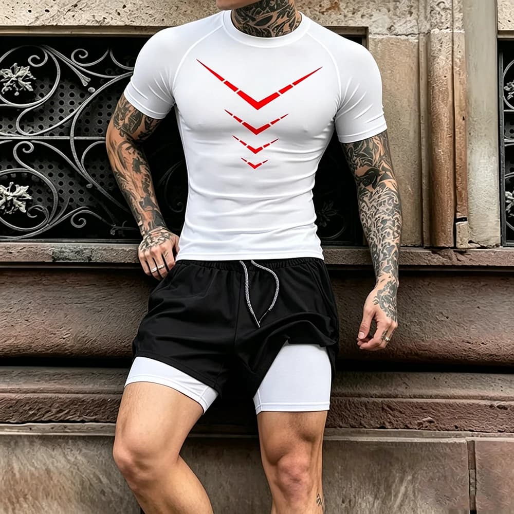 Men Gym Compression Outfit Tight Training Tee Red V Arrow Geometric Print Multi Pocket Double Layer Sport Shorts Fitness Suit